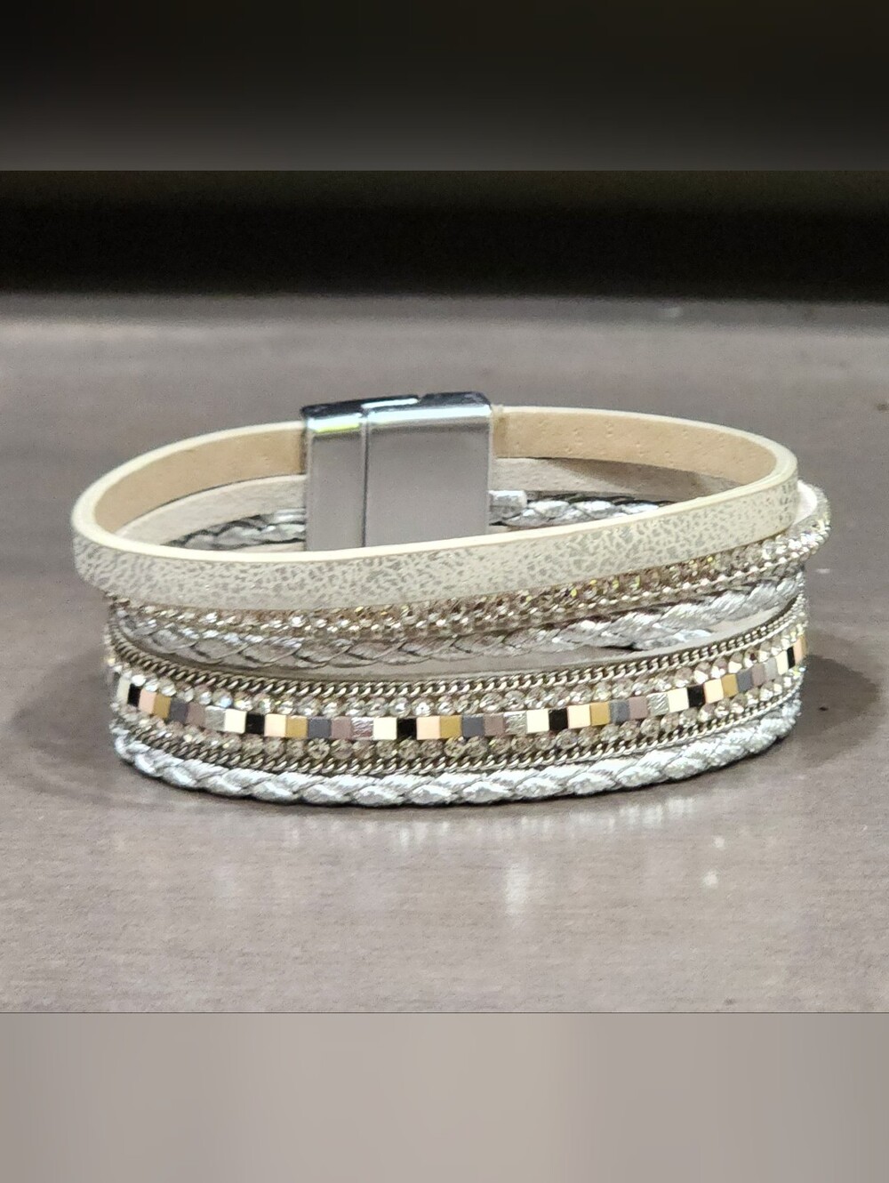 Multi-Row White & Silver Layered Bracelet with Magnetic Clasp